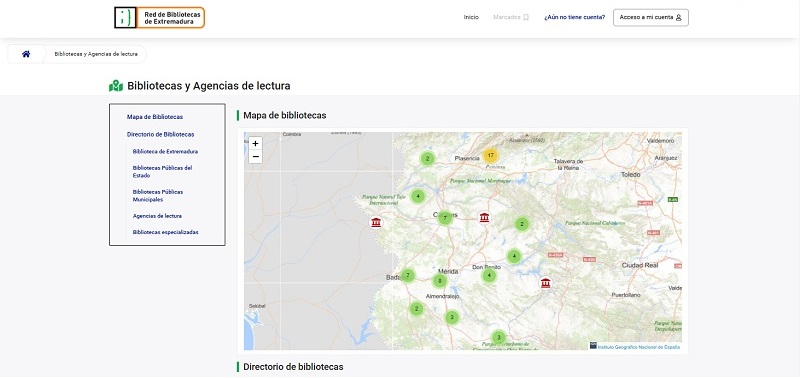 Mapa de bibliotecas de la Red de Bibliotecas de Extremadura
